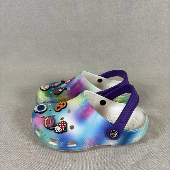 Crocs Classic Clogs Solarized Tie Dye Rainbow Purple w/Charms Slip On Shoes J2 - Picture 6 of 8